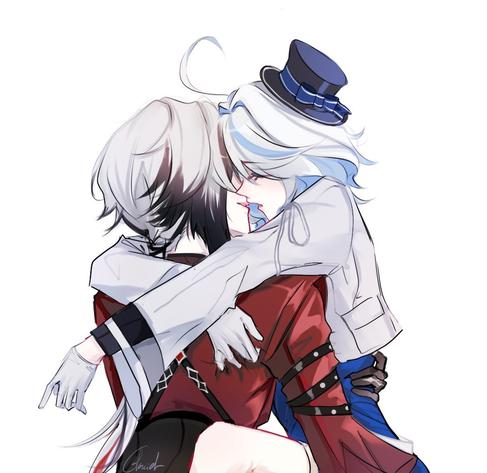 2girls, ahoge, arms around neck, black gloves, black hair, black hat, blue dress, commentary, dress, english commentary, gloves, hand on another's waist, hat, hug, imminent kiss, jacket, long sleeves, mini hat, multicolored hair, multiple girls, red shirt, shirt, simple background, streaked hair, upper body, white background, white gloves, white hair, white jacket, yuri