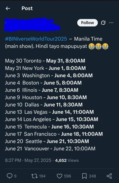 Twitter screenshot of concert dates of Filipino girl group Bini. May 30, 31. June 3, 4, 6, 9, 10, 13, 14, 15, 17, 20, 21.