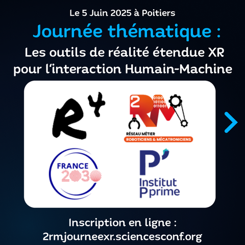 Journée Thématique : Les outils de la réalité étendue XR pour l'interaction Humain-Machine. Les logos des institutions R4, 2RM, France 2030 et Institut Pprime