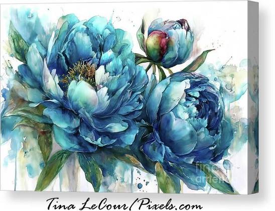 This is a watercolor canvas of some pretty big indigo blue peony flowers.