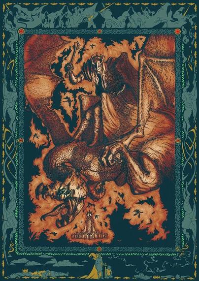 Nazgul illustration depicting an evil lord riding a dragon like creature with illustrated frame