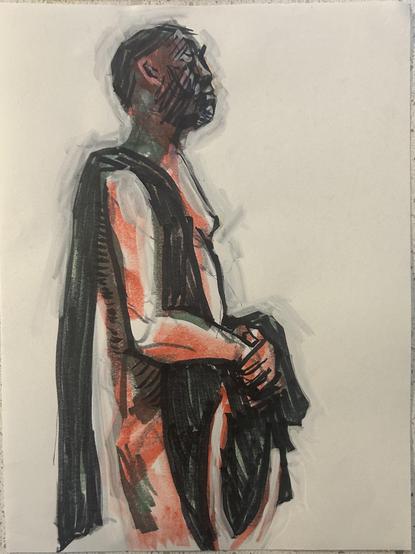Standing male model holding draped cape, facing right. Red and green markers with some black and gray too. Posca pen to bring back some light values and cut silhouette