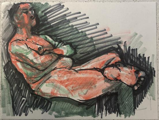 Seated male model arms crossed on belly, foot on knee. Marker.