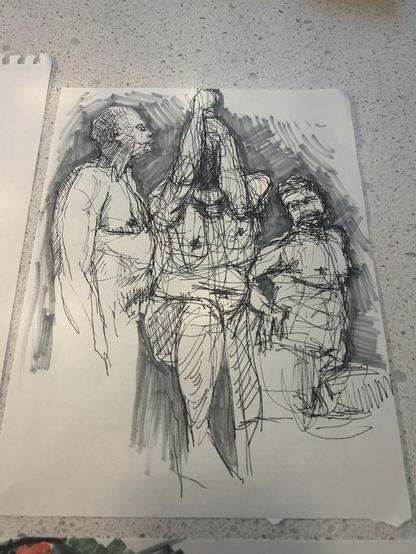 Fine liner scribble drawings, three five minute sessions. Grey marker to tie them together