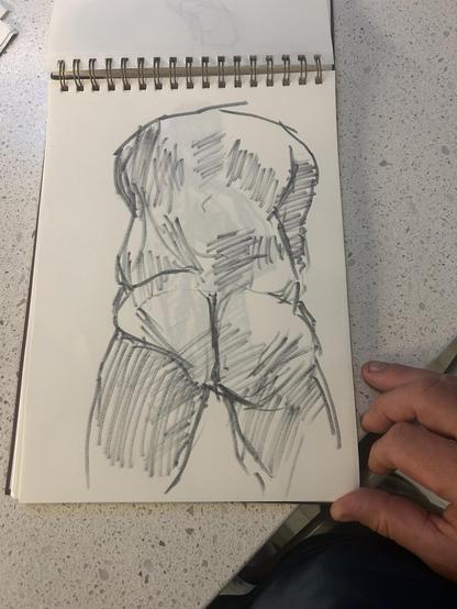 Marker drawing of male model hunched and facing away.