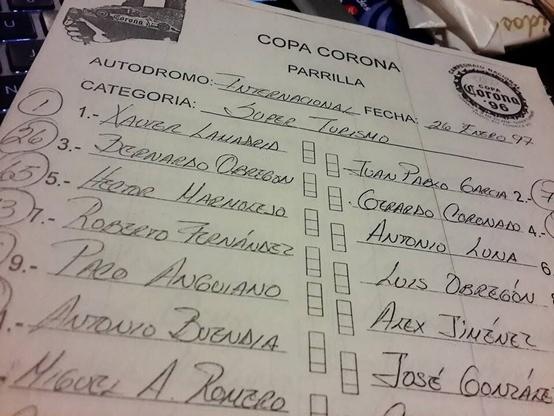 Un de las hojas de control de la parrilla de salida para la categoría Súper Turismo, del serial Copa Corona / 1996