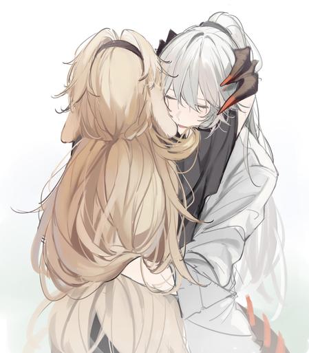 2girls, absurdres, animal ears, bad id, bad lofter id, black hairband, black shirt, blonde hair, closed eyes, dog ears, dog girl, dragon girl, dragon horns, dragon tail, floppy ears, grey hair, grey jacket, hair between eyes, hair focus, hairband, hand in another's hair, hands in hair, highres, horns, hug, jacket, long hair, long sleeves, multiple girls, open mouth, ponytail, shirt, short sleeves, simple background, smile, t-shirt, tail, upper body, very long hair, white background, yuri