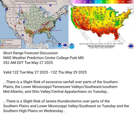 Valid 12Z Tue May 27 2025 - 12Z Thu May 29 2025

...There is a Slight Risk of excessive rainfall over parts of the Southern
Plains, the Lower Mississippi/Tennessee Valleys/Southeast/southern
Mid-Atlantic, and Ohio Valley/Central Appalachians on Tuesday...

...There is a Slight Risk of severe thunderstorms over parts of the
Southern Plains and Lower Mississippi Valley/Southeast on Tuesday and the
Southern High Plains on Wednesday...