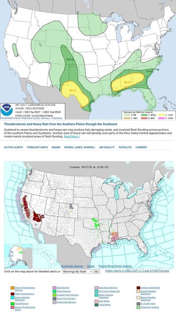 Scattered strong to severe thunderstorms should occur today across parts of the southern Plains and the Southeast. Large to very large hail and severe winds should be the main threats across portions of Texas, while damaging winds will be the primary concern across the Southeast.
WeatherAwareDay #weather #wx #SPC #TheOutPost #SevereWeather  


Thunderstorms and Heavy Rain from the Southern Plains through the Southeast
Scattered to severe thunderstorms and heavy rain may produce hail, damaging winds, and localized flash flooding across portions of the southern Plains and Southeast. Another area of heavy rain will develop over parts of the Ohio Valley/Central Appalachians and create mainly localized areas of flash flooding
