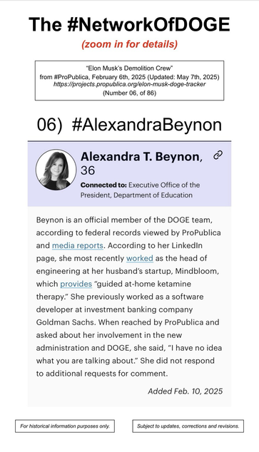 Photo and information regarding Alexandra Beynon, an employee at the Department of Government Efficiency (a/k/a DOGE).  From the website of ProPublica (February 6th, 2025) (Updated May 7th, 2025). Number 6, of 86.