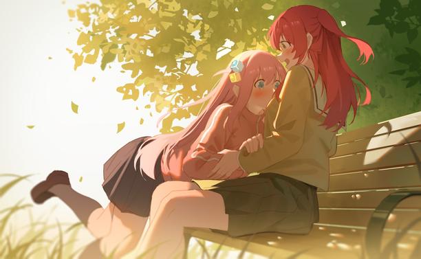 2girls, bench, black shoes, blue eyes, blush, brown sweater, commentary request, cube hair ornament, grey skirt, grey socks, hair ornament, highres, loafers, long hair, long sleeves, multiple girls, one side up, open mouth, park bench, pink hair, pleated skirt, red hair, sailor collar, school uniform, serafuku, shoes, shuka high school uniform, sitting, skirt, socks, sweater, tripping, white sailor collar, yellow eyes, yuri