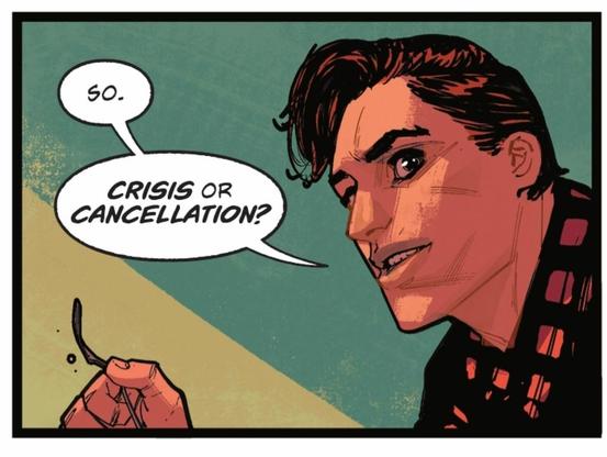 A man, his head slightly turned to the right seems to be wearing a collared, red checkered shirt and holding a utensil in his hand as he says, “So. CRISIS or CANCELLATION?“