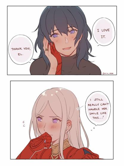2girls, 2koma, blue hair, blush, comic, english text, highres, jewelry, multiple girls, ring, twitter username, white background, white hair, yuri