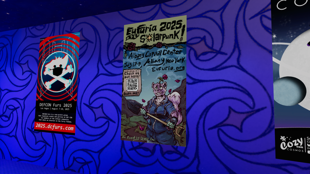 Eufuria 2025: Solarpunk poster in the Furality Somna VRChat world.