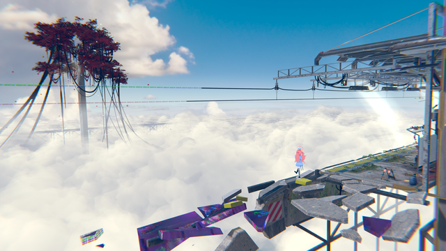A view of a partially destroyed train station above the clouds. In the distance, there is a tree, and it seems as if an avatar is about to step into the clouds from the train platform.