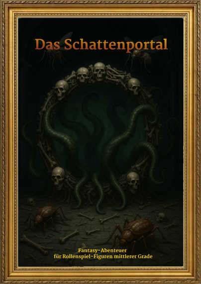 Titelbild meines Rollenspielabenteuers mit einem Knochenportal aus dem sich Tentakel winden und monströse Insekten hervorgekrochen kommen.