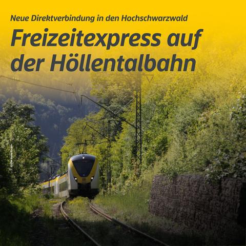 bwegt Zug fährt auf der Höllentalbahn bergauf. Text auf Bild: Neue Direktverbindung in den Hochschwarzwald. Freizeitexpress auf der Höllentalbahn. Copyright: NVBW Heiko Focken.