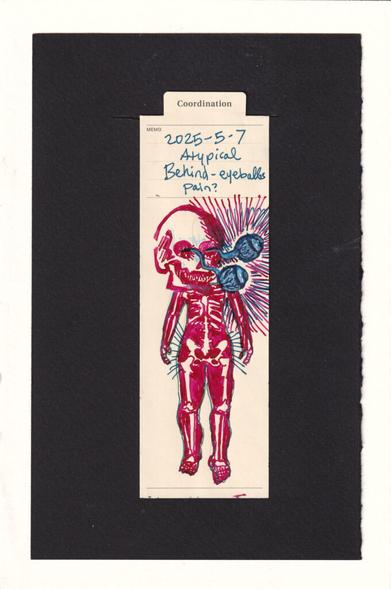 the figure is colored in red-pink, with negative space showing their skeleton. an oversized skull has blue eyeballs with optic nerves yoinked from the eye sockets. a bunch of radiant lines in red-pink and blue surround the eyes.