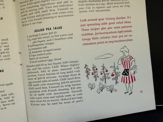 The recipe for Jellied Pea Salad from a Jell-O booklet, circa 1940s.