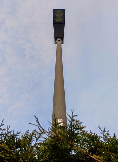 Eine Straßenlaterne von unten, tagsüber, also nicht leuchtend. Im unteren Bereich des Fotos ist noch der obere Rand einer Tujen-Hecke zu sehen. Mittig aus dieser heraus verläuft der senkrechte, graue Laternenpfahl, der in der abknickenden, aber auf dem Foto ebenfalls senkrecht verlaufenden Lampe mündet. Das Leuchtmittel in der Lampe besteht aus vier identischen, geometrischen Mehrecken, paarweise angeordnet.
Der Himmel im Hintergrund ist bewölkt, aber etwas blau schimmert hindurch.