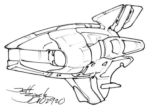 Black and white line art sketch of an imaginative sci fi spaceship. Each one is very different.