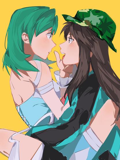 2girls, aqua dress, aqua eyes, aqua hair, bad id, bad twitter id, bare back, bare shoulders, blush, breasts, brown hair, dress, eye contact, face-to-face, green headwear, green jacket, hair ornament, halter dress, halterneck, hand on another's face, hat, highres, holding person, jacket, long hair, looking at another, medium hair, multiple girls, official alternate costume, shorts, shorts under dress, side slit, small breasts, tongue, tongue out, wrist cuffs, yellow background, yuri