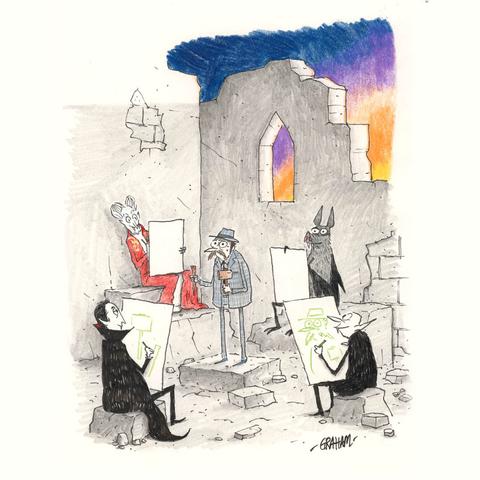 A cartoon illustration of various Draculas from different movies and stories sitting down to do a live drawing session of Van Helsing holding a mallet and stake.