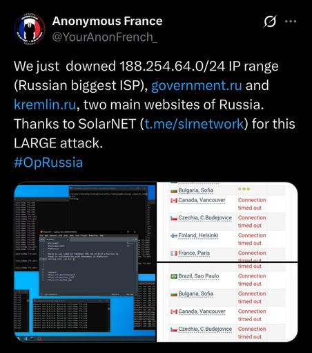 We just downed 188.254.64.0/24 IP range (Russian biggest ISP), government.ru and kremlin.ru, two main websites of Russia.
Thanks to SolarNET (t.me/sIrnetwork) for this
LARGE attack.
#OpRussia