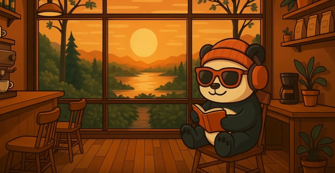 Un osita similar escuchando música mientras lee en una cabaña, la ventana da a un paisaje de arboles y un rio.
