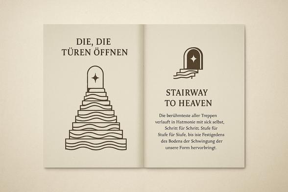 Ein offenes Buch, gestaltet wie ein alchemistisches Manuskript, zeigt auf der linken Seite eine stilisierte Treppe, die sich wellenförmig nach oben zu einem Tor mit Sternsymbol erhebt. Darüber steht in feierlicher Serifenschrift: „Die, die Türen öffnen“. Die rechte Seite trägt den Titel „Stairway to Heaven“ und darunter einen poetischen Text über die symbolische Bedeutung von Stufen als Schwingungsebenen – eine visuelle und geistige Einladung, das Unsichtbare als strukturiertes Resonanzfeld zu begreifen.

⸻

Image Description – English

An open book, designed like an alchemical manuscript, displays a stylized staircase on the left page, undulating upward to a doorway marked with a star. Above it, the inscription reads: “Those Who Open the Doors.” The right page bears the title “Stairway to Heaven” followed by a poetic reflection on steps as vibrational levels—an invitation to perceive the invisible as a structured field of resonance and ascent.🖖