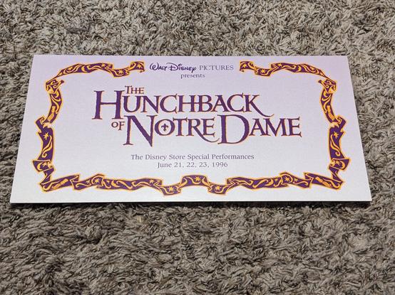 A cover for a paper envelope that contains a special lithograph. The text on it reads: Walt Disney Picture Presents: The Hunchback of Notre Dame The Disney Store Special Performances June 21, 22, 23, 1996