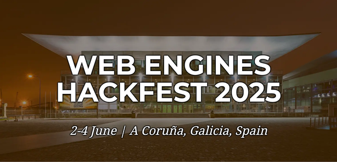 A photo of the venue, a large convention center on the coast as a title card, with the words "Web engines hackfest 2025 - June 2-4 | A Coruña, Galicia, Spain"