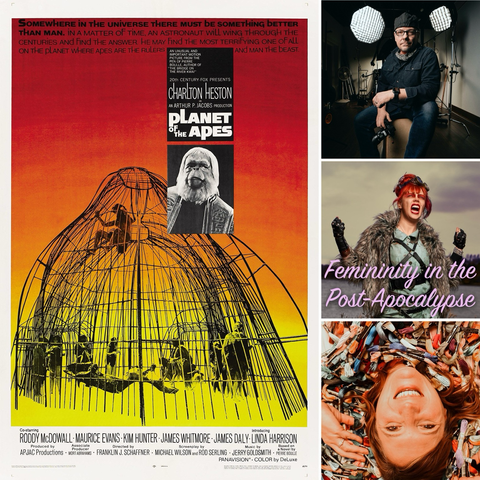 A combination of four images including the red, orange, and yellow movie poster for Planet of the Apes from 1968 that include a monochromatic orangoutang headshot overlapping a people cage; a portrait of a photographer in his photo lab, the Femininity in the Post-Apocalypse logo feature the aforementioned text over an angry wasteland warrior, and an upside-down portrait of a social pot stirrer completely surrounded by colorful embroidery floss.