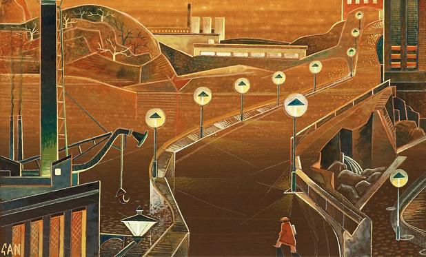 a lone person with an overcoat and hat is walking on a road which leads across a small dam and up a hill on the other side of the waterway.  in the foreground is an industrial-looking building with big tall windows and smokestacks.  on the other side of the water are similarly industrial type buildings.  There are streetlights glowing along the road and the whole painting is done mostly in brown-orange with yellow highlights, sort of a monotone feel