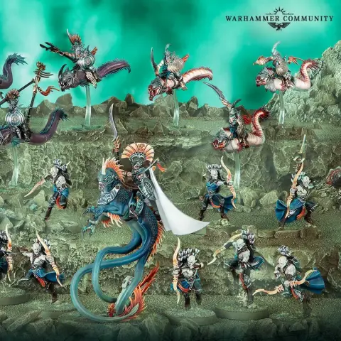A dynamic scene showcases a variety of Idoneth Deepkin models, featuring a central figure, the Ikon of the Sea, with a flowing white banner and intricate armor, surrounded by other aelves in vibrant blue and orange hues. Several mounted warriors ride sleek sea creatures, while others stand poised with weapons, all set against a textured, rocky underwater backdrop with a greenish hue. The composition highlights the diverse range of new models, including the Akhelian Tide Guard and Namarti Reavers, emphasizing their aquatic theme and battle-ready stance.
