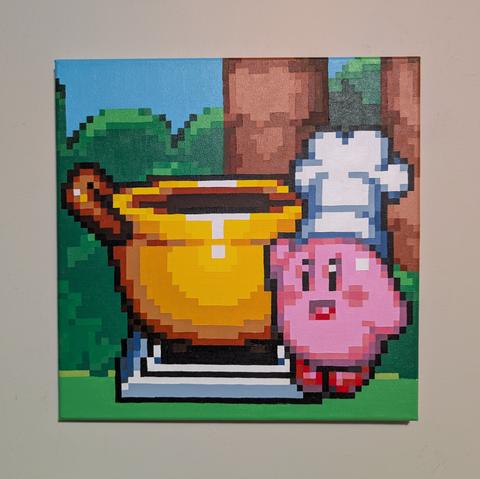 Pixel painting of Kirby wearing a chef hat