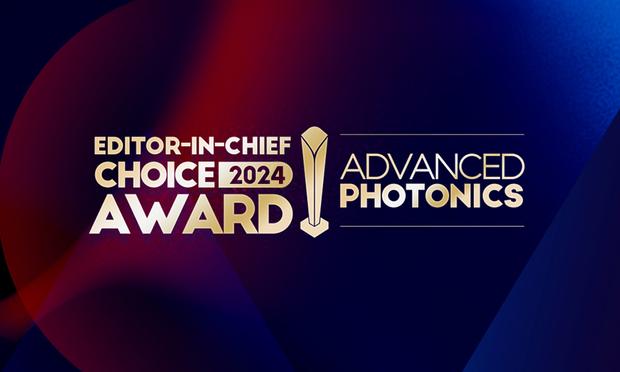 Red and blue gradient background with text reading, "EDITOR-IN-CHIEF CHOICE AWARD 2024," and "ADVANCED PHOTONICS," with a symbol of an award in the middle.