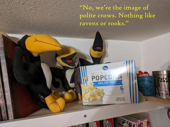 Heckle and Jeckle plushies with a box of microwave popcorn.

Quote: “No, we’re the image of polite crows. Nothing like ravens or rooks,”