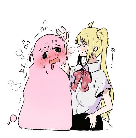 2girls, ahoge, blonde hair, blush, bow, bowtie, closed eyes, collared shirt, commentary, hand on own hip, long hair, long sleeves, multiple girls, neck ribbon, open mouth, polka dot, polka dot bow, red ribbon, ribbon, school uniform, shimokitazawa high school uniform, shirt, short sleeves, side ponytail, yuri