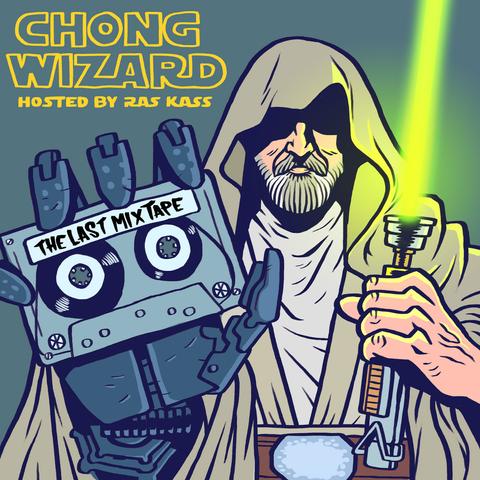 Illustrated album cover for "Chong Wizard: The Last Mixtape" hosted by Ras Kass. The artwork features a hooded, Jedi-like figure resembling Obi-Wan Kenobi holding a glowing green lightsaber in one hand, and a robotic cassette tape-headed droid in the other. The droid's head is a grey cassette labeled "The Last Mixtape" with two reel-to-reel eyes. The art style is cartoonish with bold outlines and flat shading, evoking a retro comic book or animated series aesthetic. The background is a muted teal, and the title "CHONG WIZARD" appears in yellow Star Wars-style font at the top.