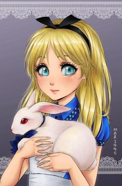 Alicia sosteniendo su conejito blanco (una niña rubia de ojos claros con vestido azul)
