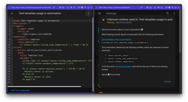 Screenshot of a Home Assistant automation editor and a Spook repair warning. The automation uses templated entity references, and Spook flags them as unknown entities with a playful message: “Spook has found a ghost in your automations 👻"