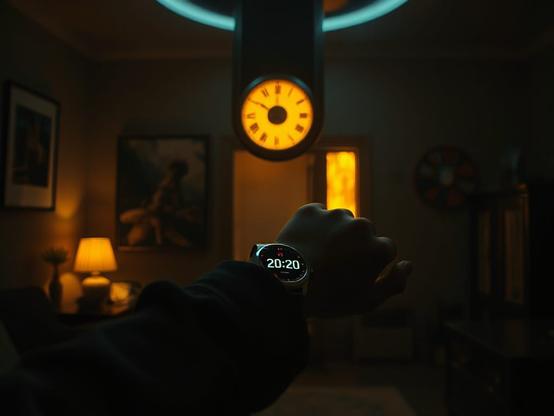 In a dimly lit room a person is looking at a smartwatch