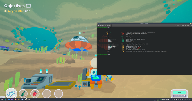 An image of the game "Loddlenaut" running at 30fps in the background, with a terminal emulator in the foreground showing that the game is running on a Mac Mini M1 with Fedora Asahi Remix.