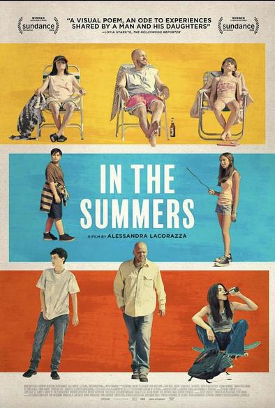 The poster for In the Summers shows a dad in three panels with his children at different ages as they come for summer visits.