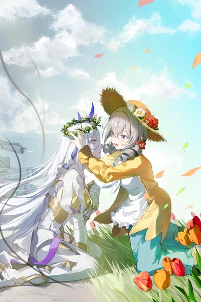 2girls, :d, absurdres, blue pants, blue sky, boots, cloud, cloudy sky, dress, drill hair, flower, grass, grey eyes, grey hair, hat, hat flower, head wreath, highres, jacket, laurel crown, long hair, long sleeves, looking at another, mistletoe, multiple girls, open mouth, orange flower, orange tulip, outdoors, pants, petals, purple eyes, red flower, red tulip, shirt, sky, smile, straw hat, thigh boots, tulip, twin drills, white dress, white flower, white footwear, white hair, white shirt, yellow jacket, yuri