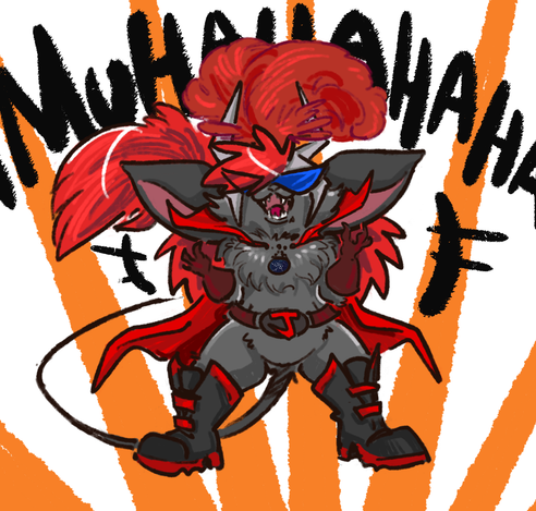 digital art by me (no ai) of jemli the mousey alien gal (chuian) dressed in a very high collar cape, rubber gloves, big boots, and a spikey helmet with sunglasses and her iconic cap feather on it. she's laughing evilly like she's just revealed her plot to turn tokyo into bunnies