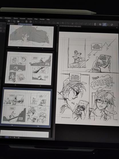 photo of a tablet with Clip Studio Paint open. you can see the overview of page 10 to 15 and one opened page with a few panels of a character with a phone somewhere in nature.