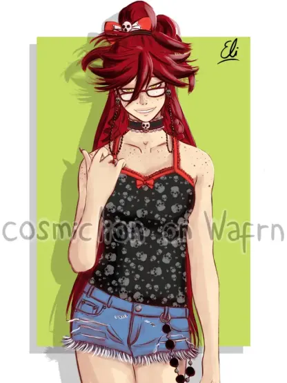 Digital fully rendered illustration of Grell Sutcliff from Black Butler, drawn from the thighs up. She is wearing blue greyish shorts, a black muscle t-shirt with red straps, a tiny red bow on the front and a skull pattern and a black choker with a tiny skull on the front. Part of her hair is tied in a bun with a red bow with a tiny skull and the rest is loose. She is raising her left hand and smiling at the viewer. The background is white with a light green square in the middle.