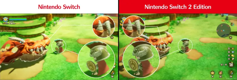 Une comparaison des graphismes de Fantasy Life i : La Voleuse de Temps sur Switch et Switch 2. La résolution supérieure sur Switch 2 permet de mieux discerner les textures.